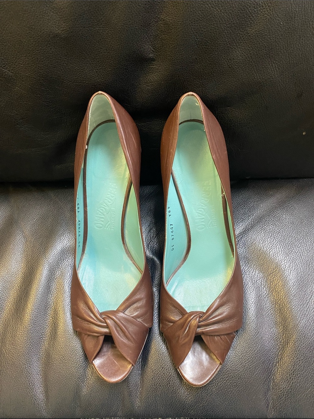 Ferragamo Brown Leather Peep-Toe Heels with Knot Detail